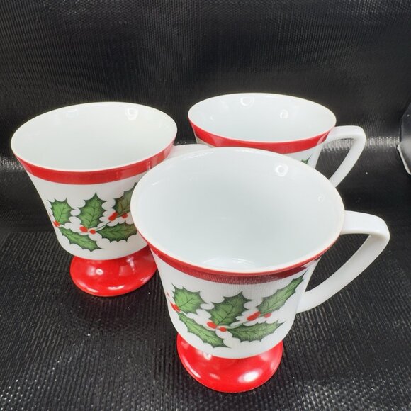 Seyei Christmas Holly Leaf Fine China Porcelain Pedestal Coffee Cups Mugs Set 3 - Picture 2 of 14